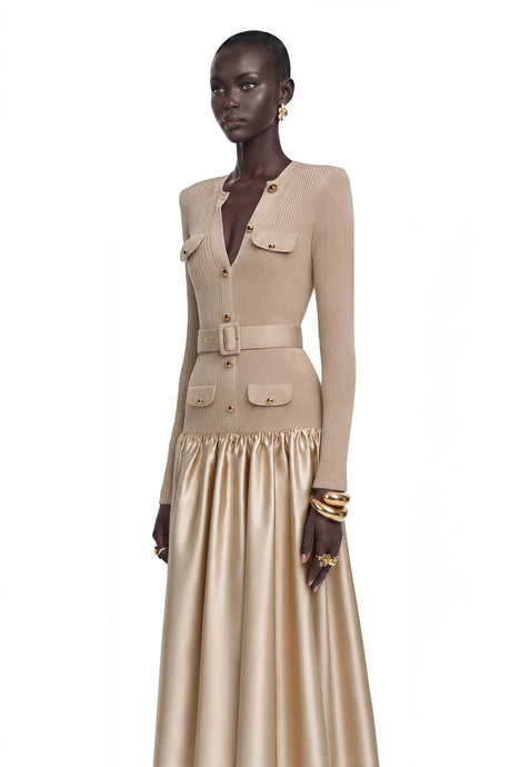 Lillian Midi Dress Gold Satin Panel Knit