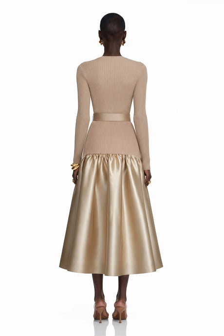 Lillian Midi Dress Gold Satin Panel Knit