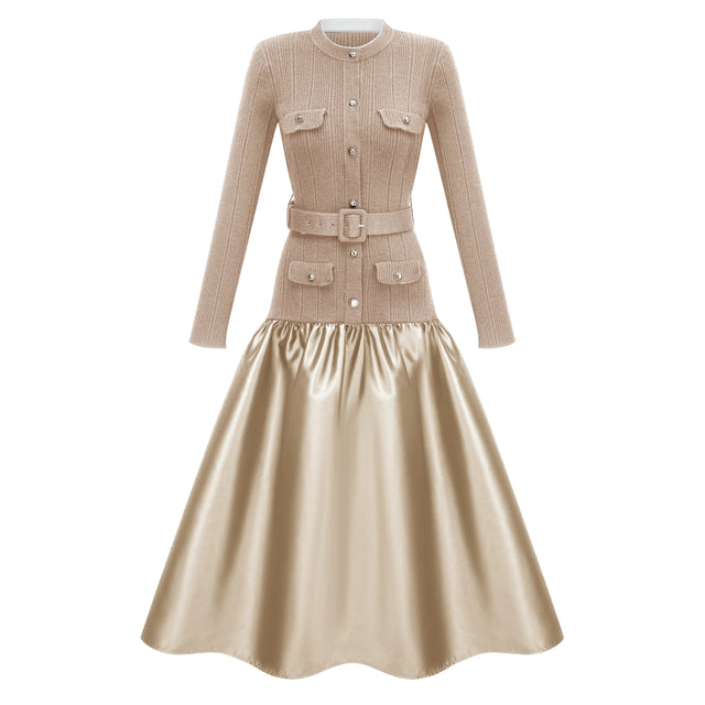 Fern Gold Satin Panel Knit Midi Dress