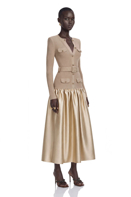 Lillian Midi Dress Gold Satin Panel Knit
