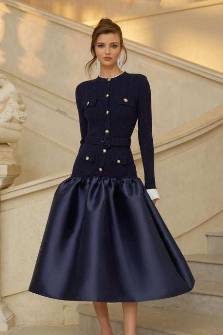 Naomi Midi Dress Navy Blue Satin Panel Knit
