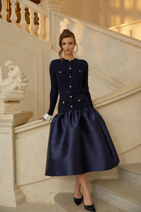 Naomi Midi Dress Navy Blue Satin Panel Knit