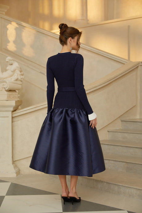 Naomi Midi Dress Navy Blue Satin Panel Knit