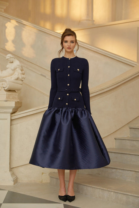 Naomi Midi Dress Navy Blue Satin Panel Knit