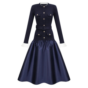 Fern Navy Blue Satin Panel Knit Midi Dress