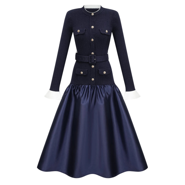Fern Navy Blue Satin Panel Knit Midi Dress