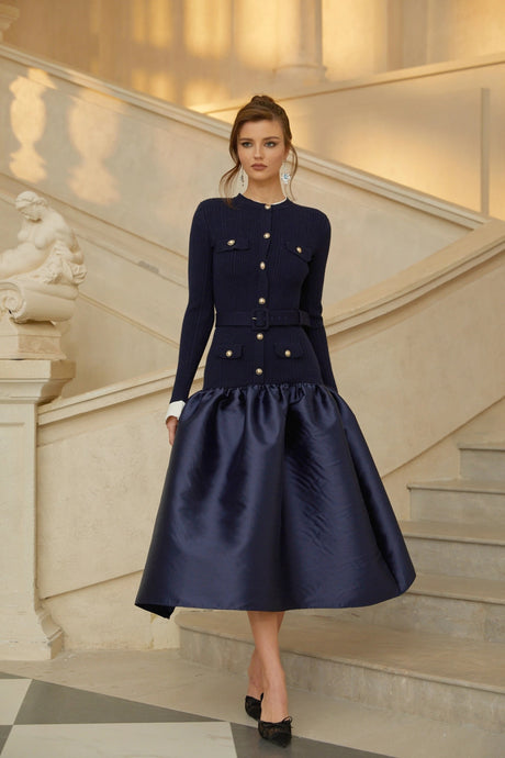 Naomi Midi Dress Navy Blue Satin Panel Knit