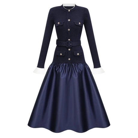 Naomi Midi Dress Navy Blue Satin Panel Knit