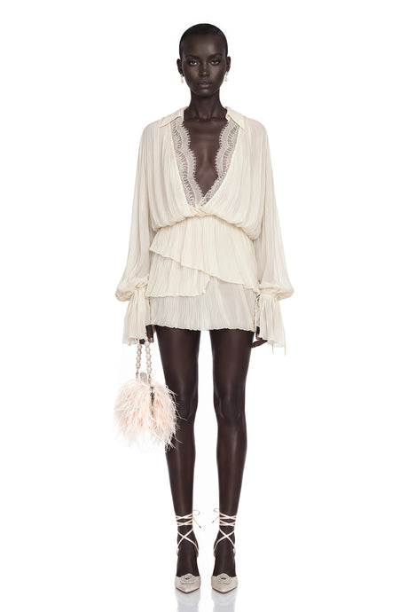 Aurora Mini Dress Cream Ruched with Lace Trim