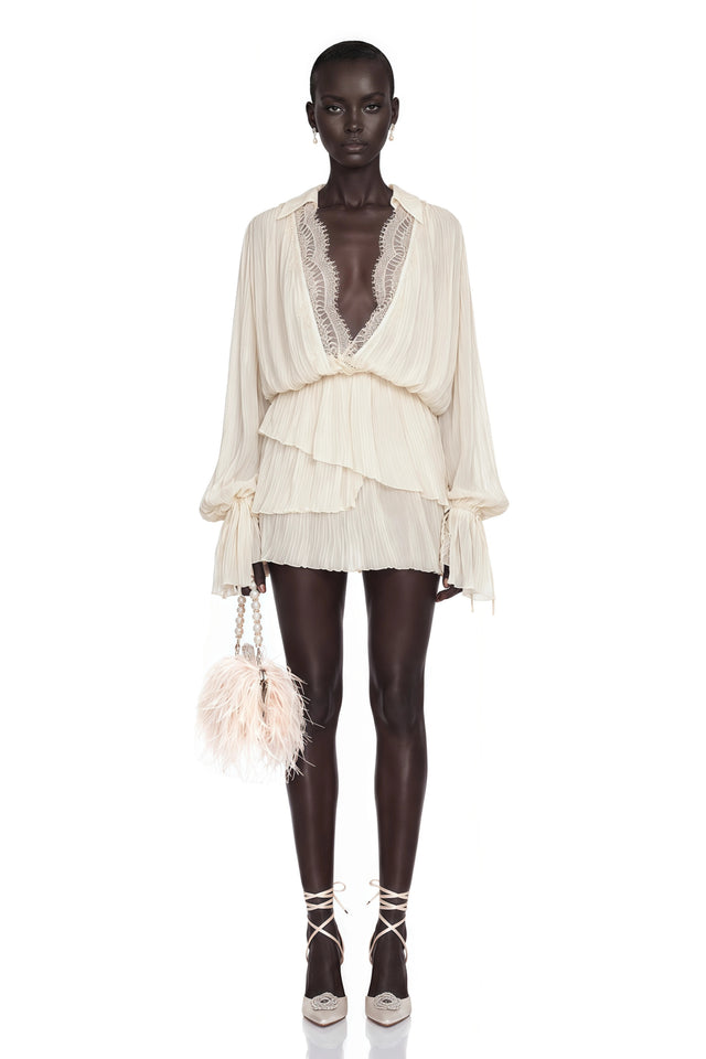 Fernanda Cream Ruched Mini Dress with Lace Trim
