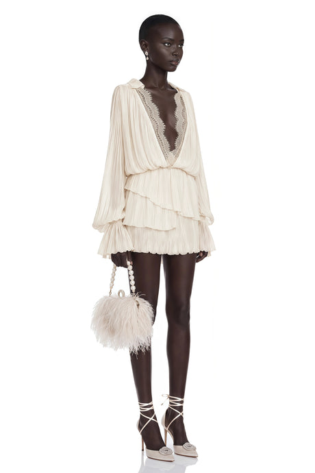 Aurora Mini Dress Cream Ruched with Lace Trim