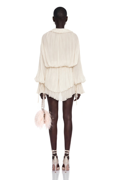 Aurora Mini Dress Cream Ruched with Lace Trim