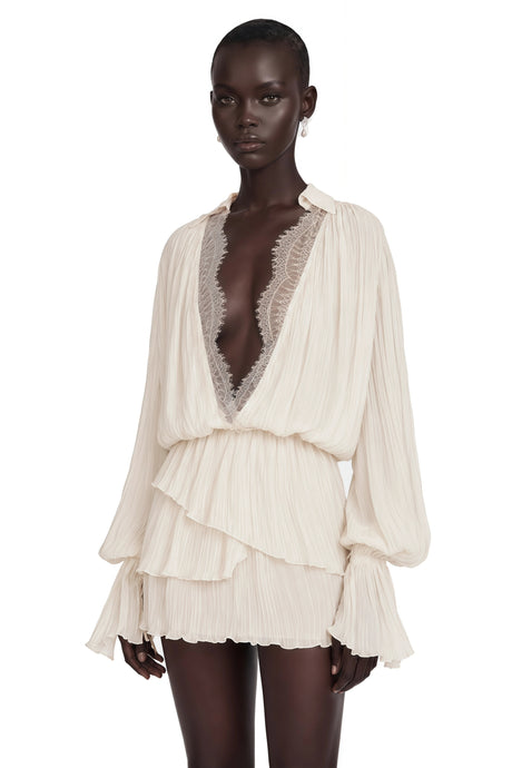 Aurora Mini Dress Cream Ruched with Lace Trim