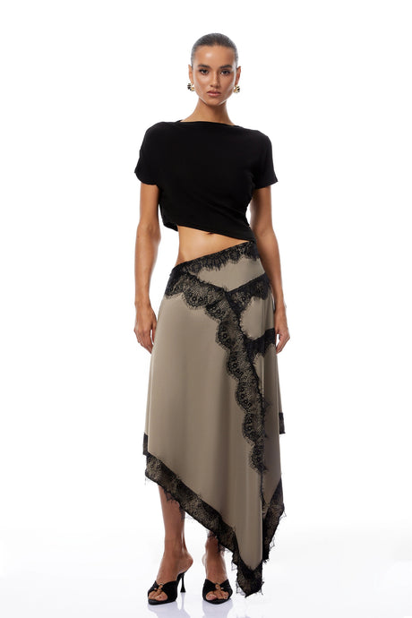 Rachel Black Gathered Lace Panel Midi Dress