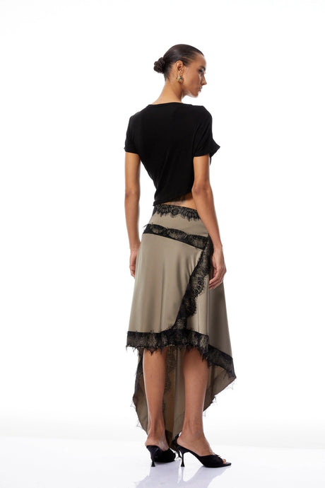 Paisley Black Gathered Lace Panel Midi Dress