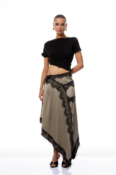 Paisley Black Gathered Lace Panel Midi Dress