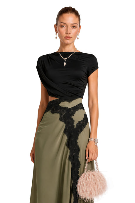 Callie Black Gathered Lace Panel Midi Dress