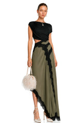 Fiamma Black Gathered Lace Panel Maxi Dress