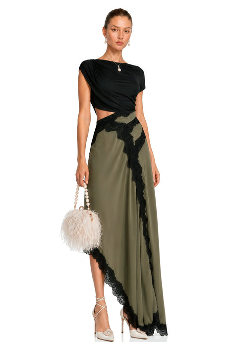 Callie Black Gathered Lace Panel Midi Dress