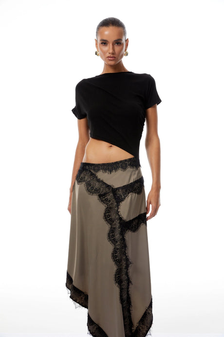 Rachel Black Gathered Lace Panel Midi Dress