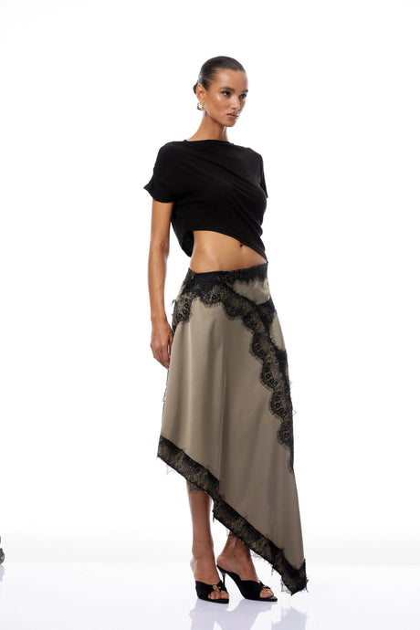 Rachel Black Gathered Lace Panel Midi Dress