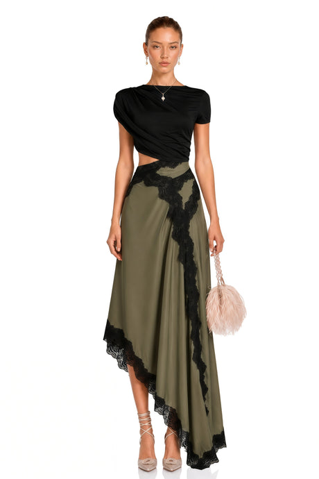 Callie Black Gathered Lace Panel Midi Dress