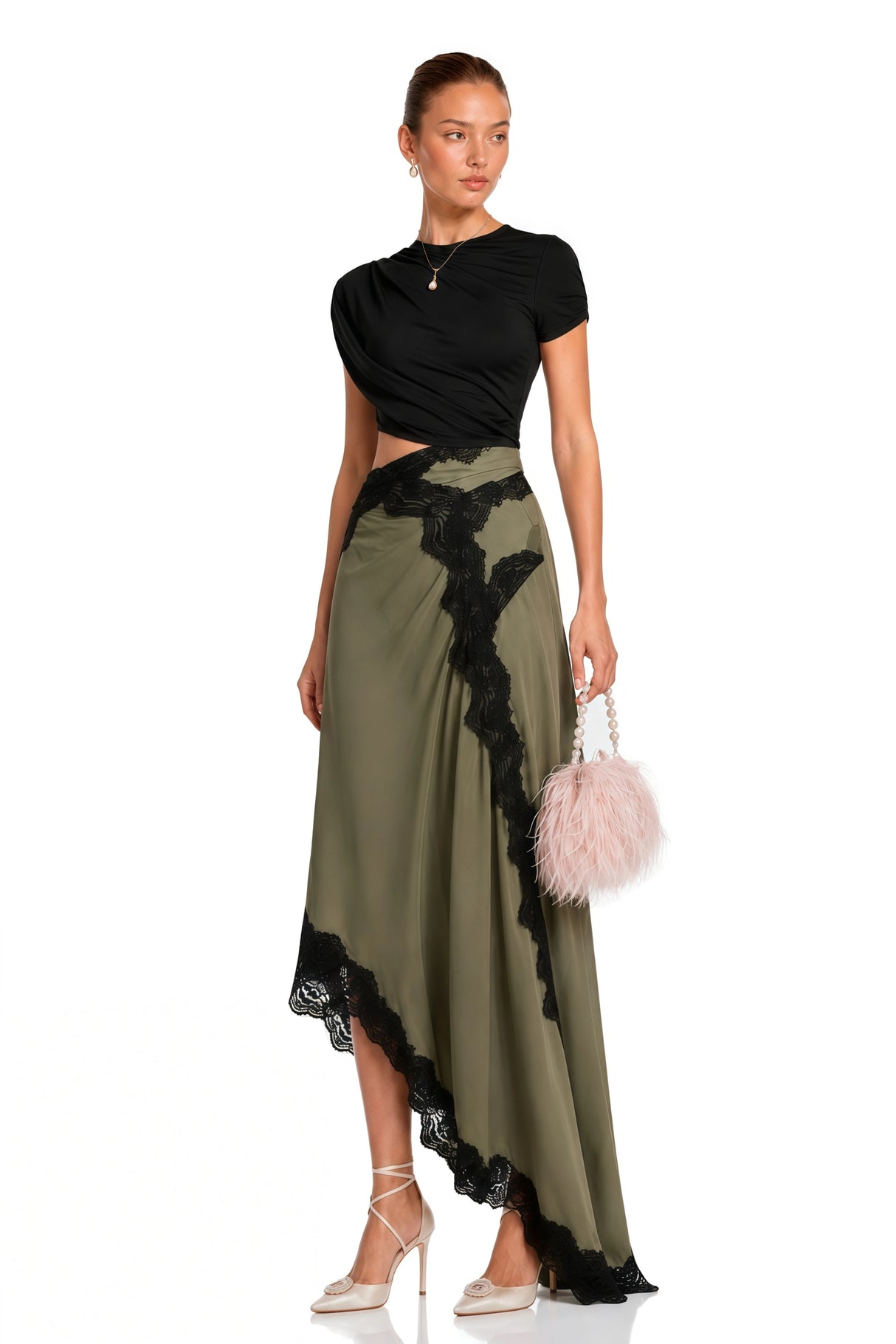 Fiamma Black Gathered Lace Panel Maxi Dress