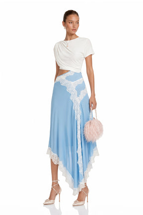 Fiamma Blue Gathered Lace Panel Maxi Dress