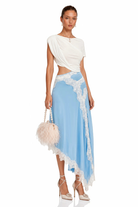 Caitlyn Blue & White Gathered Lace Panel Midi Dress