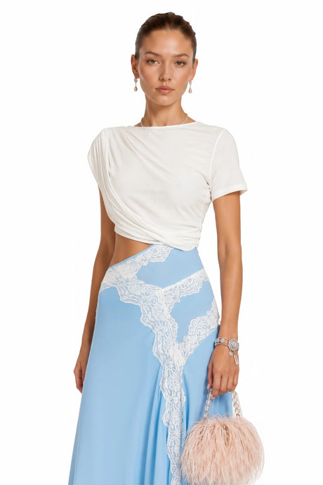 Caitlyn Blue & White Gathered Lace Panel Midi Dress