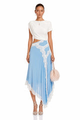 Fiamma Blue Gathered Lace Panel Maxi Dress