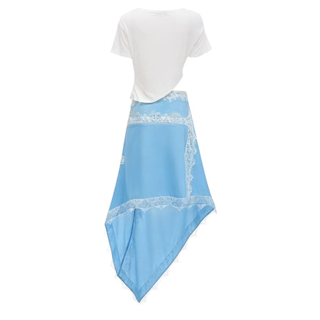 Caitlyn Blue & White Gathered Lace Panel Midi Dress