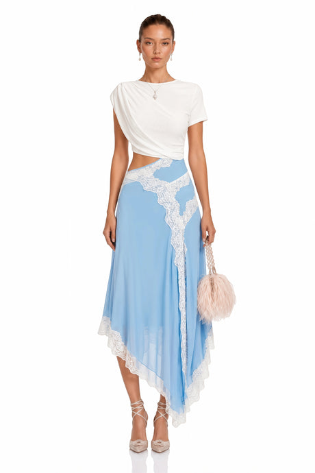 Caitlyn Blue & White Gathered Lace Panel Midi Dress
