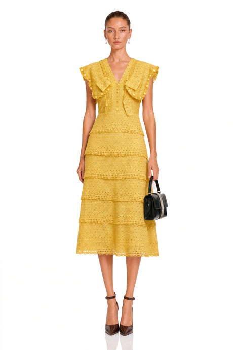 Fabiana Midi Dress Yellow Layered Embroidered