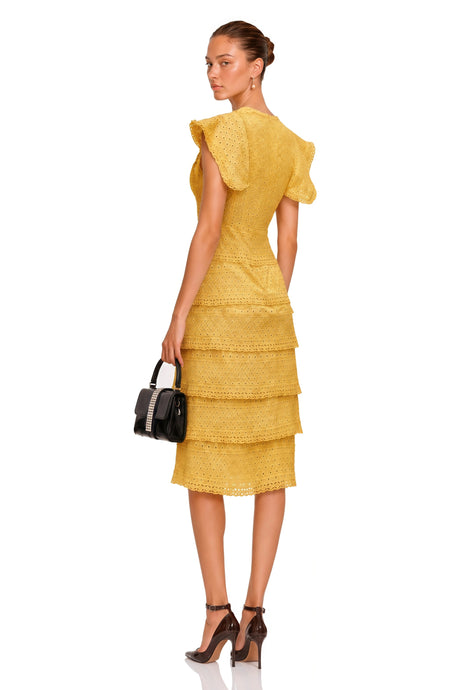 Fabiana Midi Dress Yellow Layered Embroidered