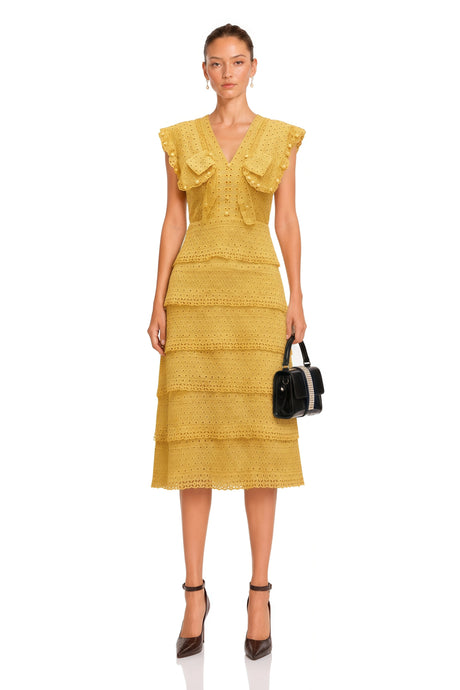 Fabiana Midi Dress Yellow Layered Embroidered