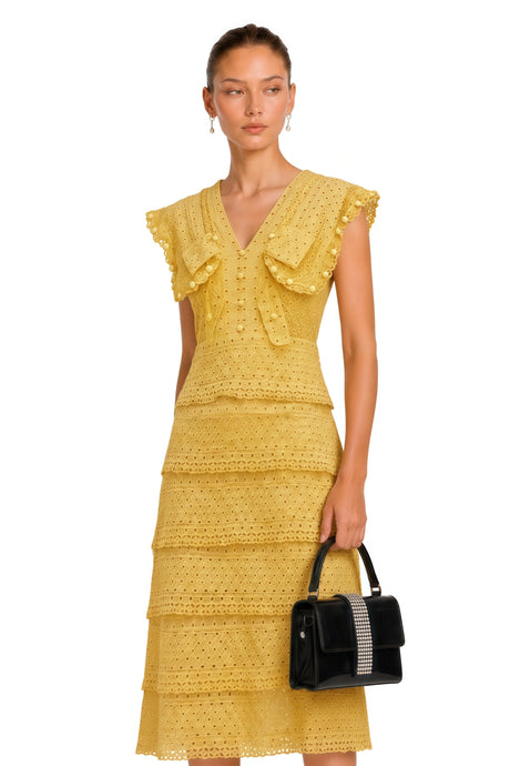 Fabiana Midi Dress Yellow Layered Embroidered