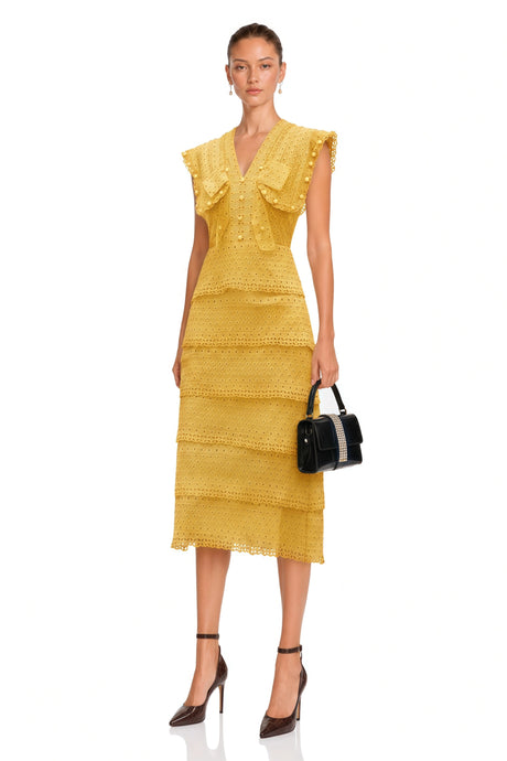 Fabiana Midi Dress Yellow Layered Embroidered