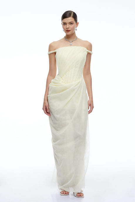 Daniela Maxi Dress Yellow Off Shoulder Ruched Bodycon