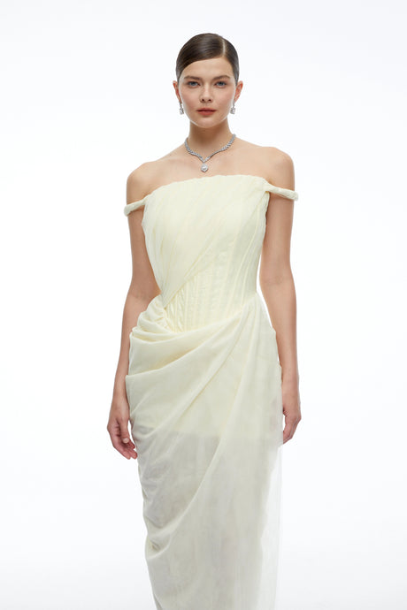 Daniela Maxi Dress Yellow Off Shoulder Ruched Bodycon