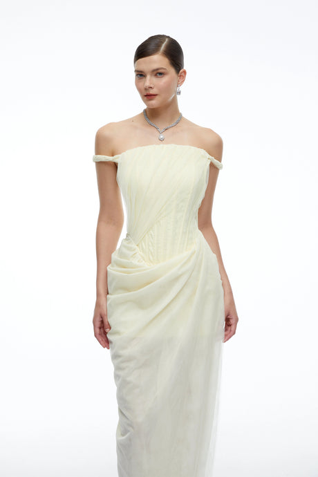 Daniela Maxi Dress Yellow Off Shoulder Ruched Bodycon