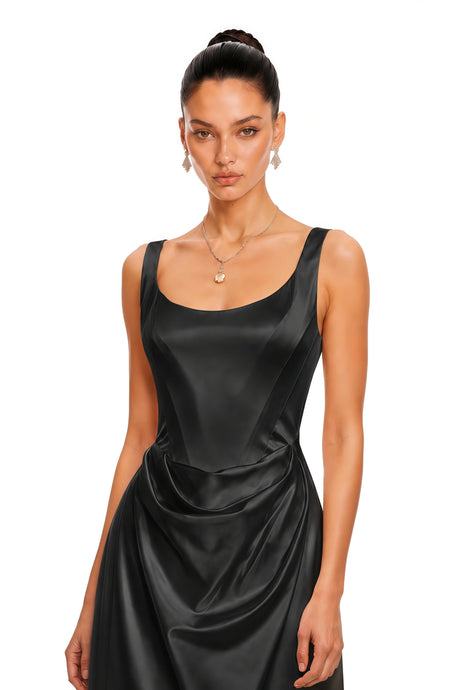 Diana Maxi Dress Black Satin Square Neck