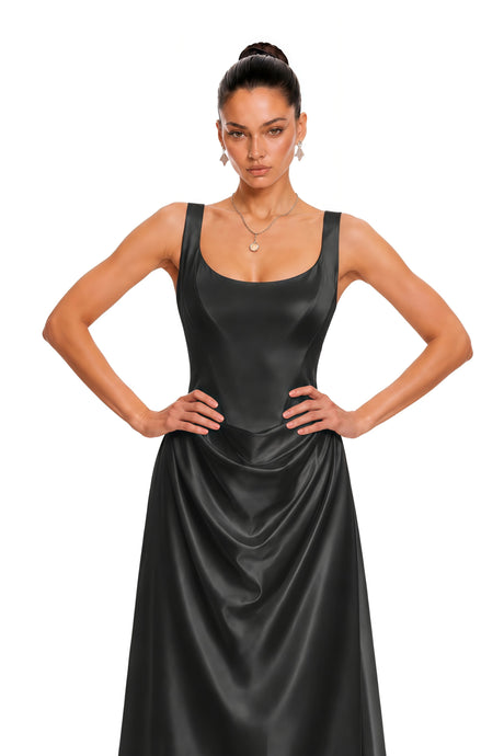 Diana Maxi Dress Black Satin Square Neck