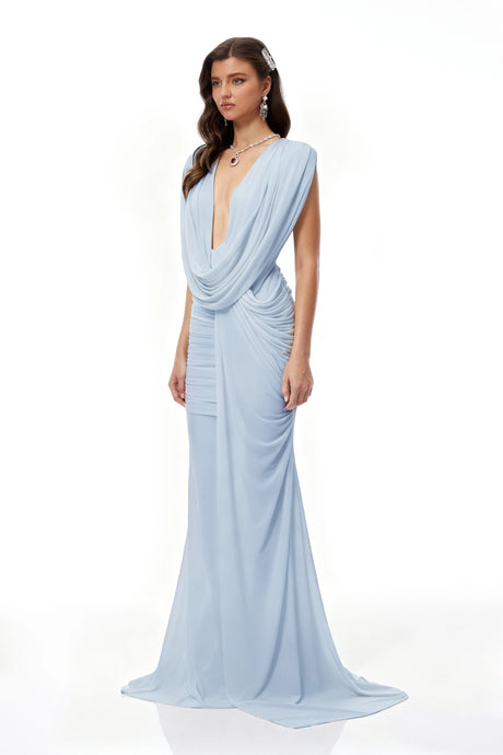 Brynn Blue Asymmetrical Draped Maxi Gown