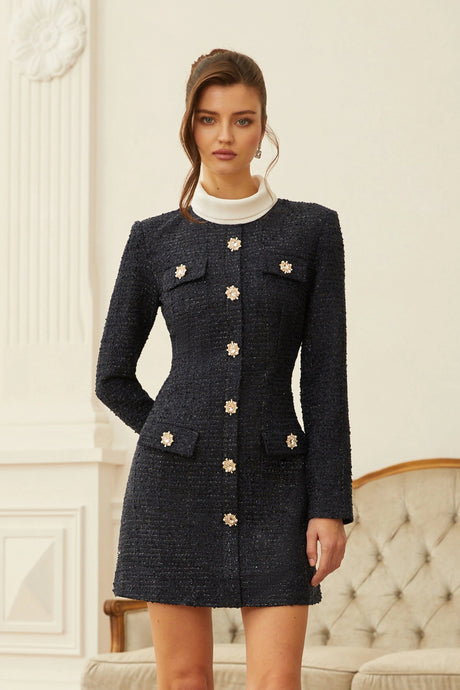 Penelope Mini Dress Navy Blue Embellished Tweed