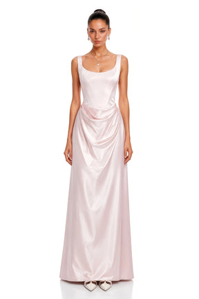 Fiona Pink Satin Square Neck Maxi Dress