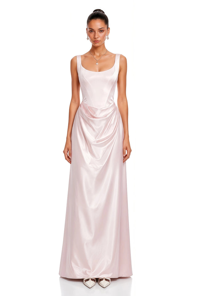 Fiona Pink Satin Square Neck Maxi Dress