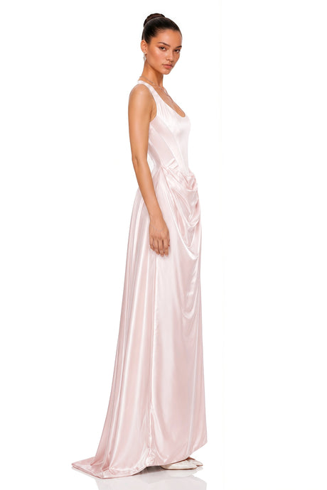 Emanuela Maxi Dress Pink Satin Square Neck