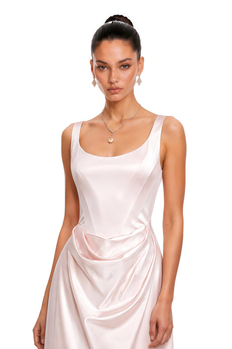 Emanuela Maxi Dress Pink Satin Square Neck