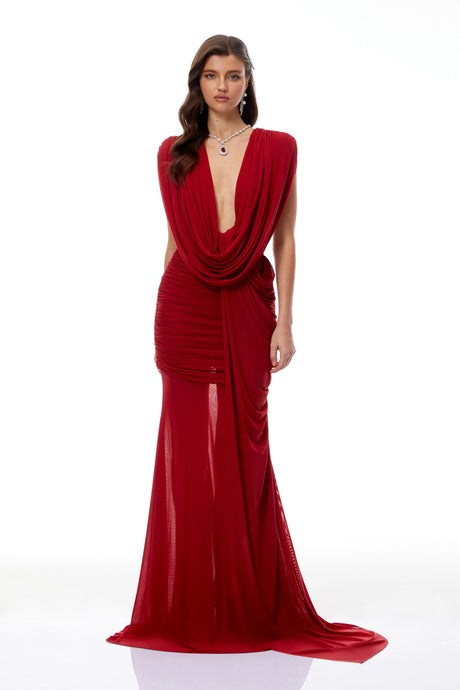 Sienna Red Asymmetrical Draped Maxi Gown